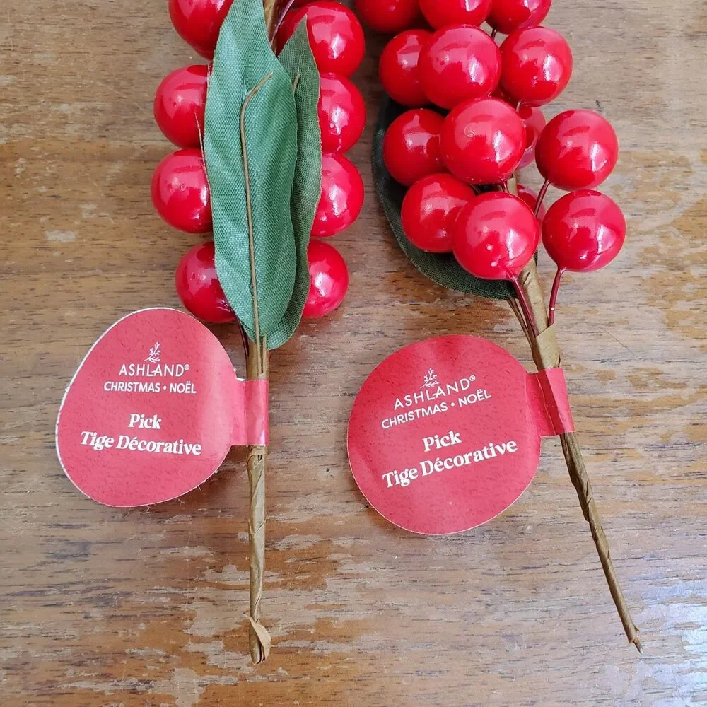 Ashland Floral Picks 2 Red Berries Laquered Foam Fabric Leaves 8
